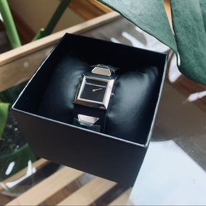 Rebecca Minkoff Jett Silver Tone Black Strap Watch